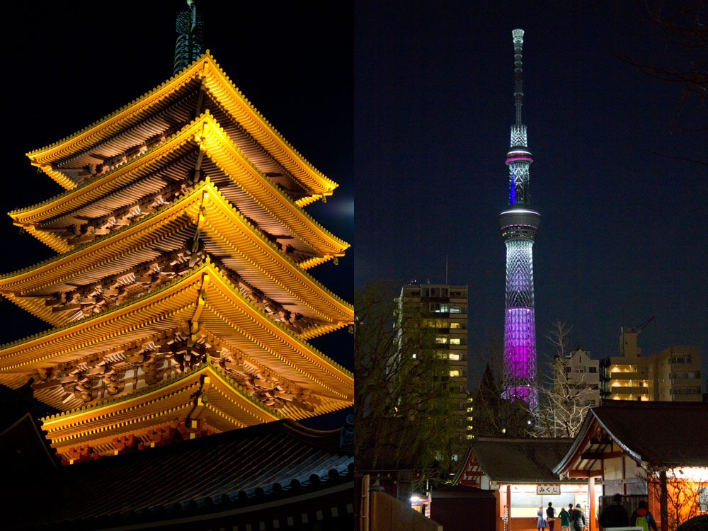 夜になると別の顔を見せる浅草寺（左）。隅田川の向こうのスカイツリーのライトアップも見られる（右）